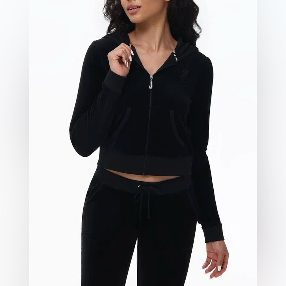 Juicy Couture Glitter Logo Velour Black Crop Women’s Hoodie Size Large NWT